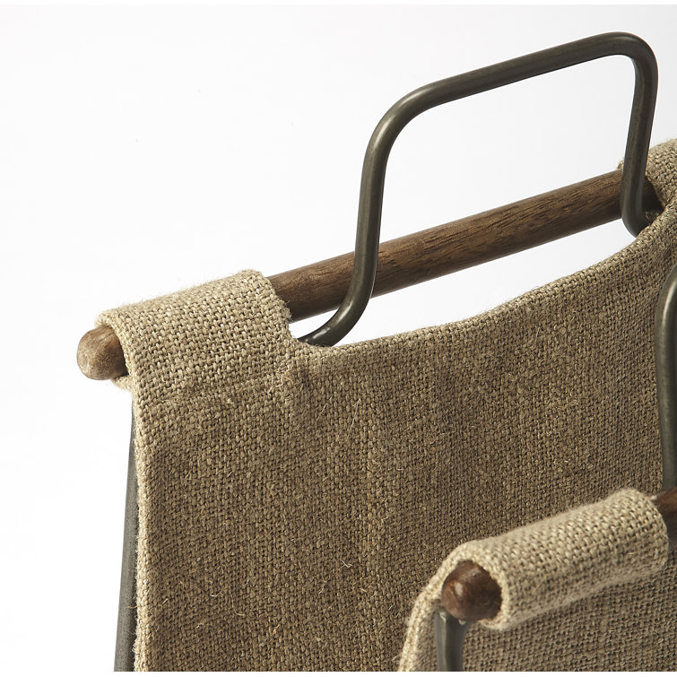 Beige Burlap and Iron Magazine Basket with Handles