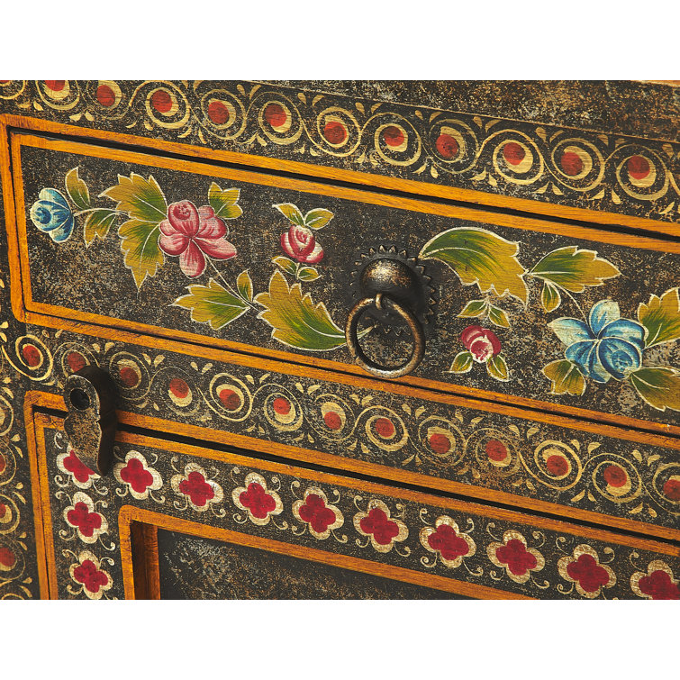 Bihar Hand Painted Floral Motif Brown Wood Chest
