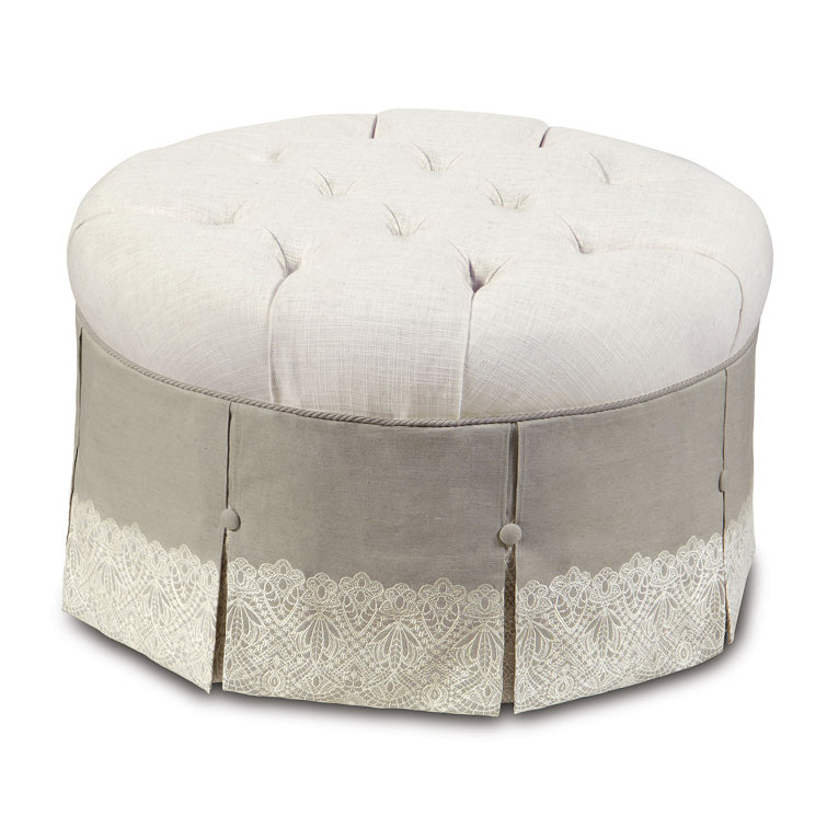 Beige Tufted Round Ottoman with Nailhead Trim