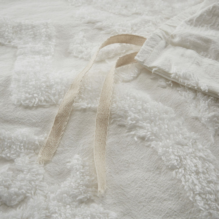 White Tufted Cotton Chenille Damask King Duvet Set