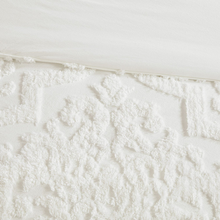 White Tufted Cotton Chenille Damask King Duvet Set