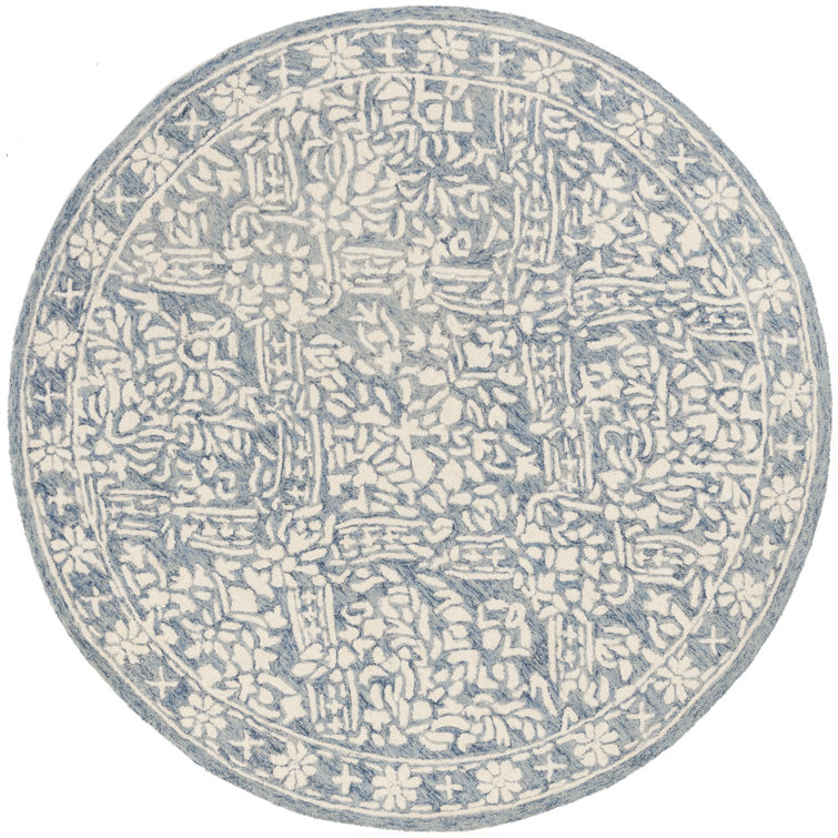 Handmade Tufted Floral Wool Round Rug - 7' Blue/Ivory