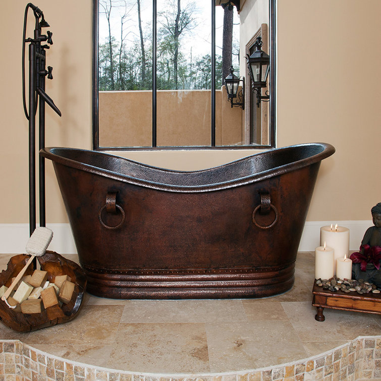 67" Glazed White Hammered Double Slipper Copper Bathtub