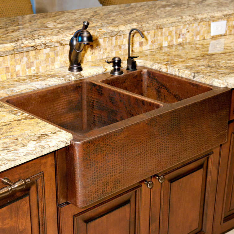 33" Hammered Copper Farmhouse Double Basin Kitchen Sink
