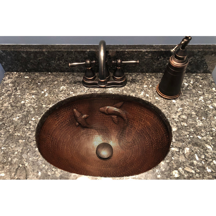 19" Oval Hammered Copper Undermount Sink with Koi Fish Design