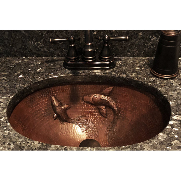 19" Oval Hammered Copper Undermount Sink with Koi Fish Design