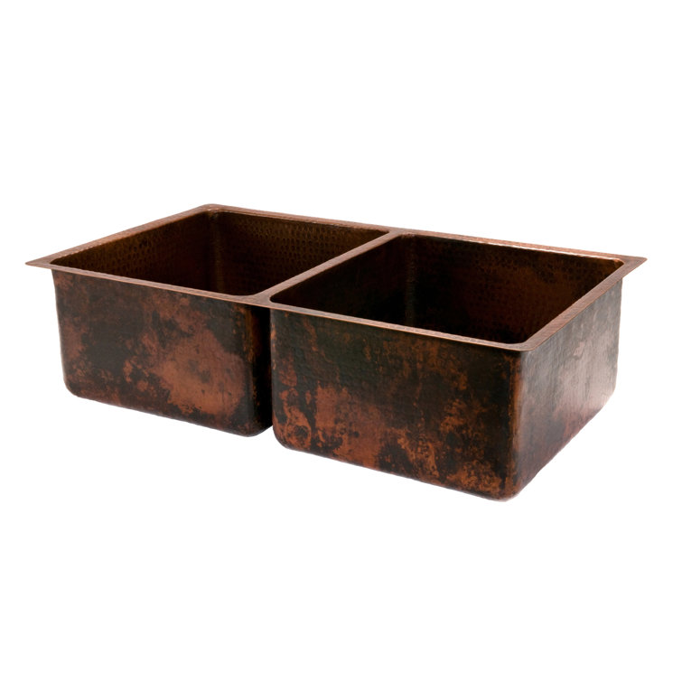 33" Hammered Copper Double Basin Drop-in Kitchen Sink