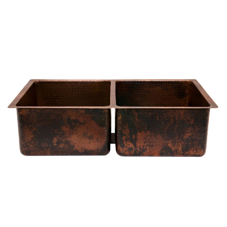33" Hammered Copper Double Basin Drop-in Kitchen Sink