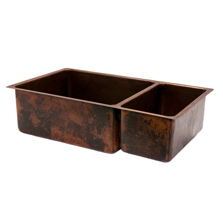33" Hammered Copper Double Basin Drop-In Kitchen Sink