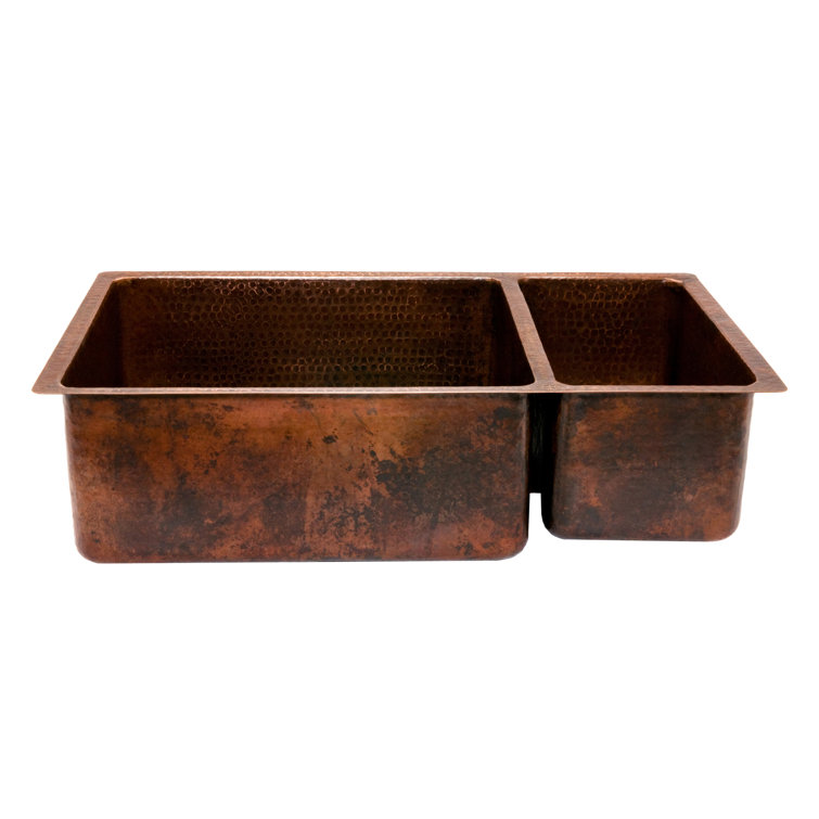 33" Hammered Copper Double Basin Drop-In Kitchen Sink