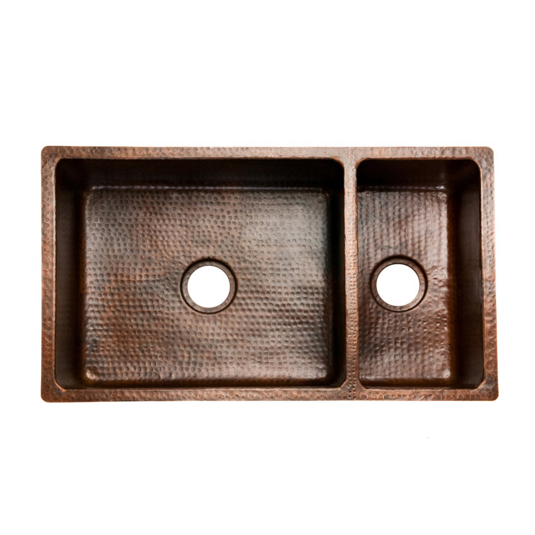 33" Hammered Copper Double Basin Drop-In Kitchen Sink