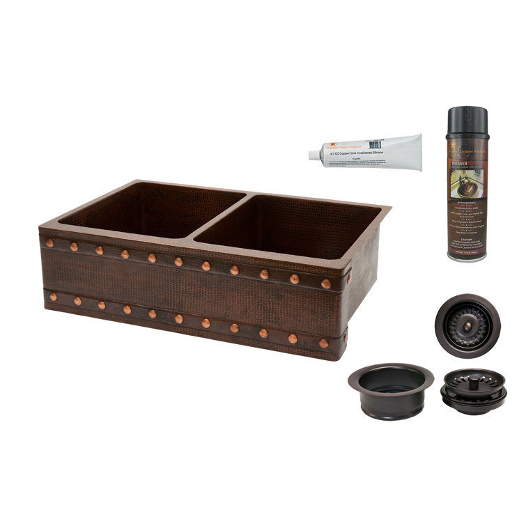 33" Hammered Copper Double Basin Farmhouse Kitchen Sink with Barrel Strap Design