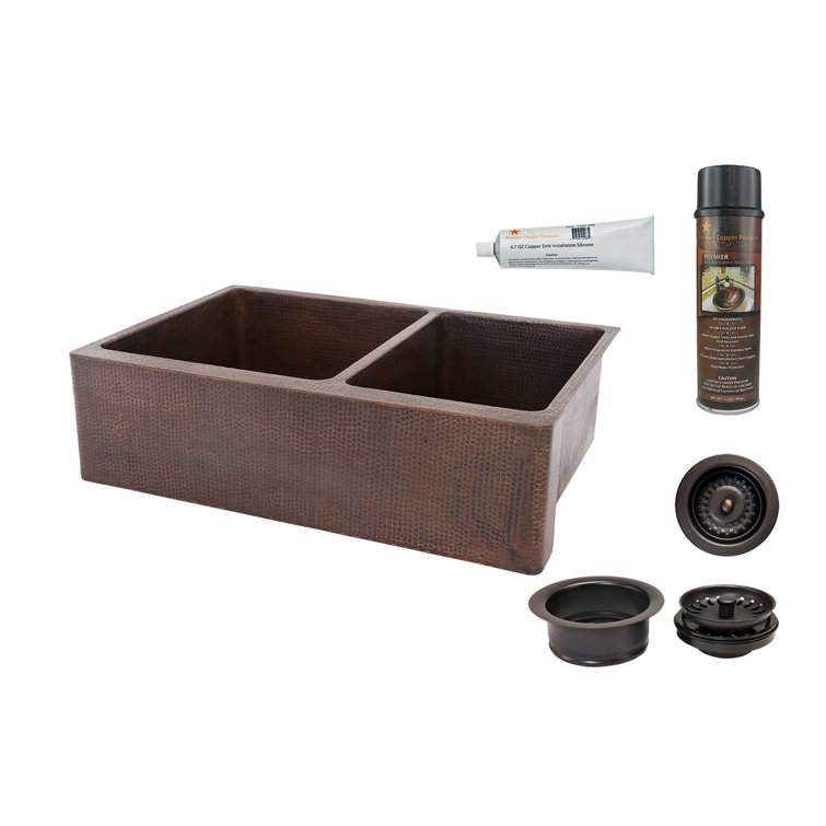 33" Hammered Copper Farmhouse Double Basin Kitchen Sink
