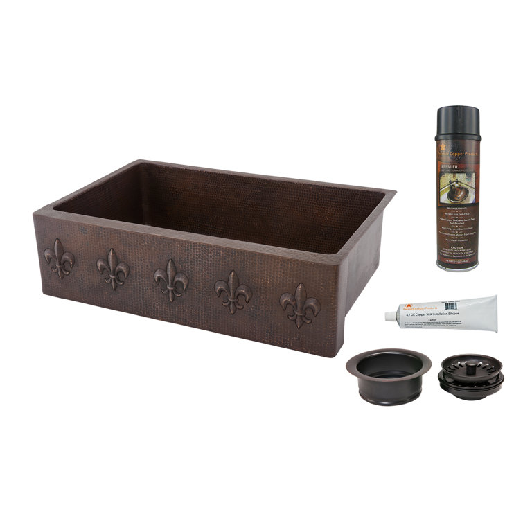 33" Hammered Copper Farmhouse Apron Sink with Fleur De Lis