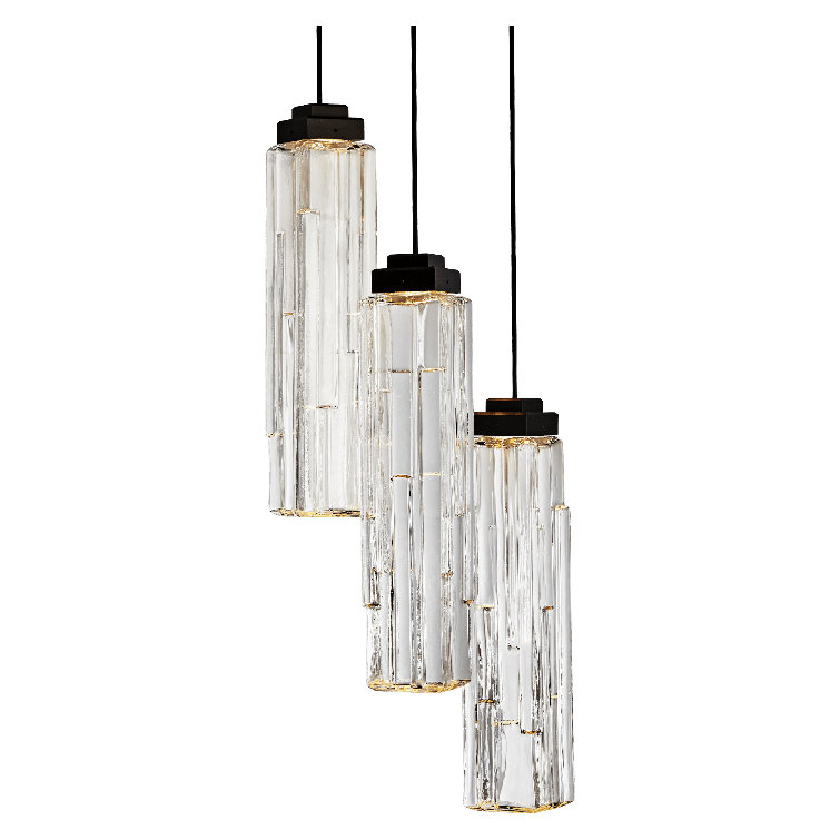 Ledgestone Matte Black 3-Light LED Cluster Pendant with Textured Glass