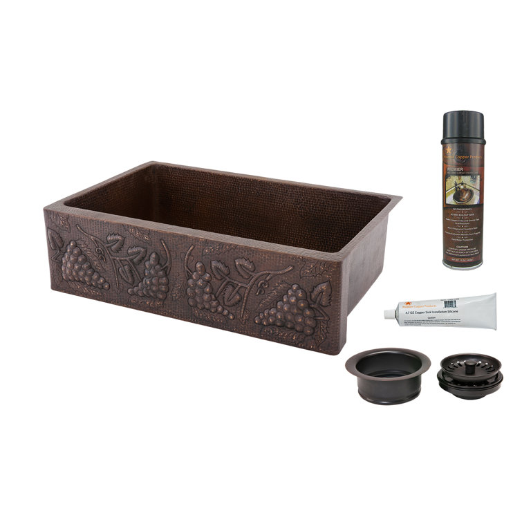 33" Hammered Copper Farmhouse Drop-in Kitchen Sink with Vineyard Design