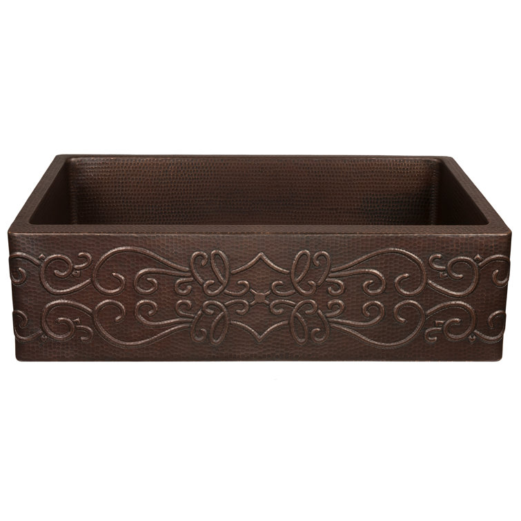 33" Hammered Copper Farmhouse Drop-in Kitchen Sink with Scroll Design