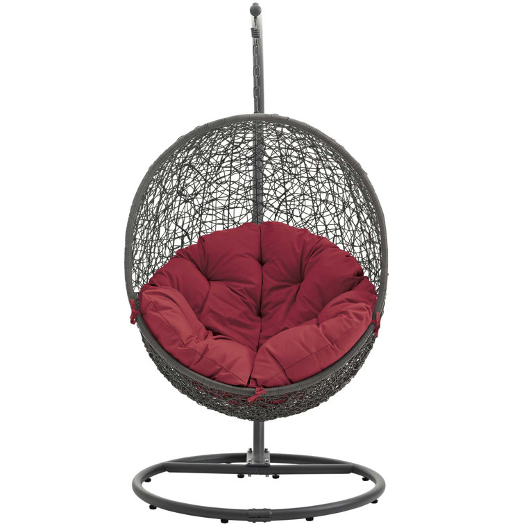 Gray and Red Synthetic Rattan Hanging Chair with Steel Stand