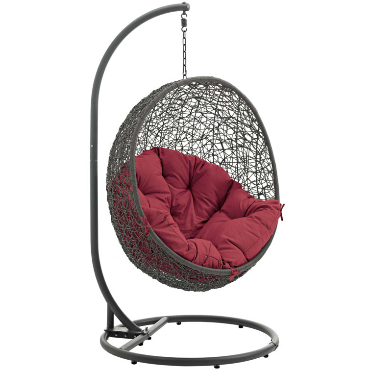 Gray and Red Synthetic Rattan Hanging Chair with Steel Stand