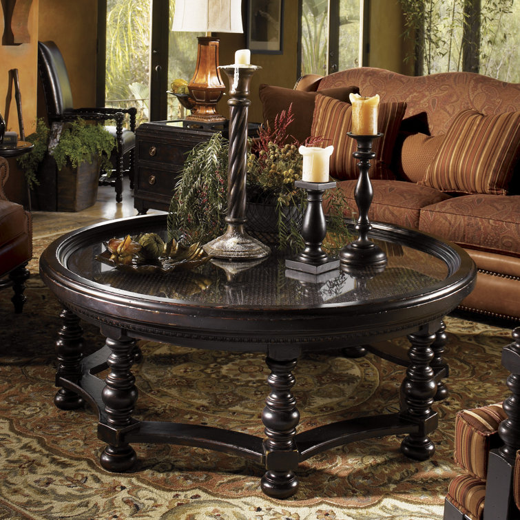 Traditional British Colonial 55" Round Wood & Glass Cocktail Table with Storage