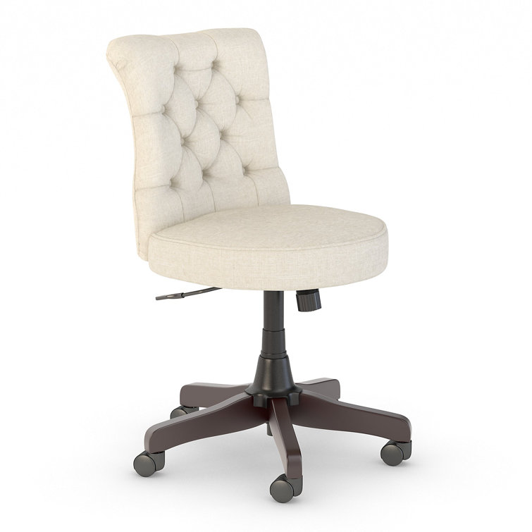 Cream Fabric Mid-Back Swivel Office Chair with Espresso Wood Finish