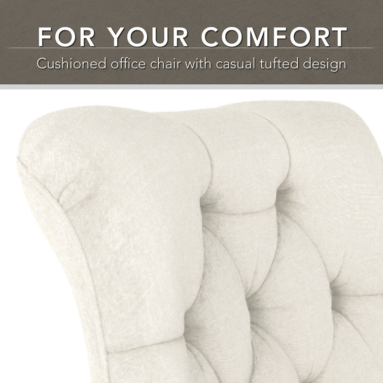 Cream Fabric Mid-Back Swivel Office Chair with Espresso Wood Finish