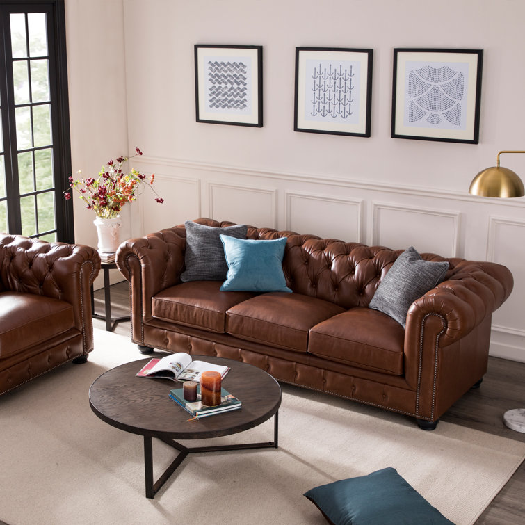 Cobblestone Camel 95'' Rolled Arm Chesterfield Sofa with Nailhead Details