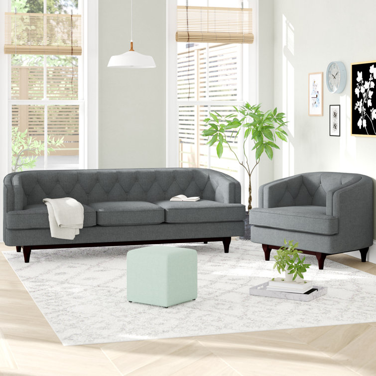 Gray Velvet Button-Tufted Sofa and Chair Set with Walnut Legs