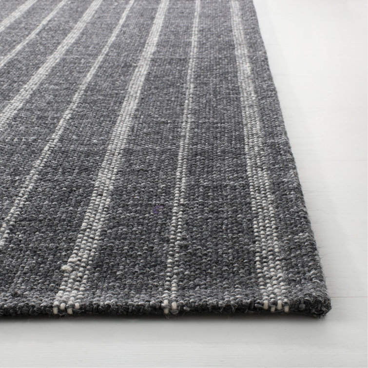 Charcoal and Gray Handwoven Wool and Viscose Striped Runner Rug