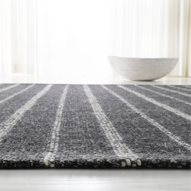 Charcoal and Gray Handwoven Wool and Viscose Striped Runner Rug