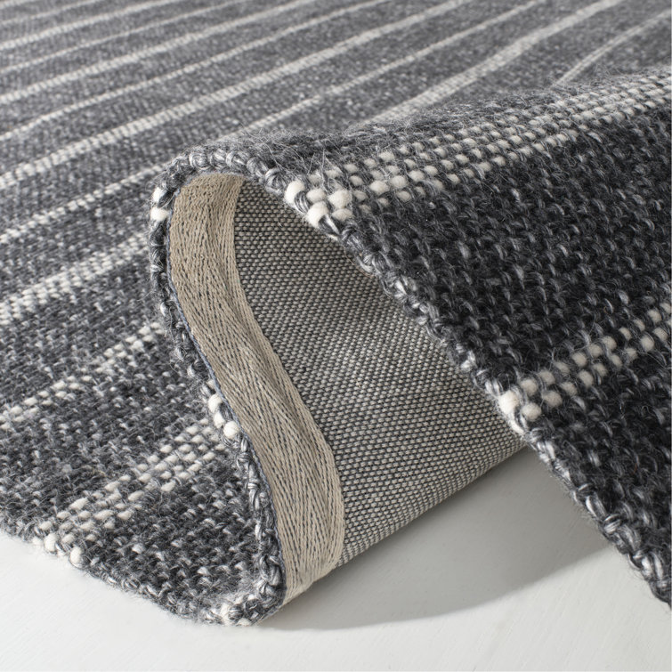 Charcoal and Gray Handwoven Wool and Viscose Striped Runner Rug
