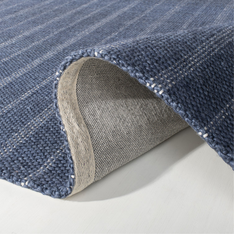 Handmade Striped Navy Blue Wool & Viscose 5' x 8' Area Rug