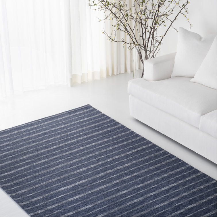 Handmade Striped Navy Blue Wool & Viscose 5' x 8' Area Rug