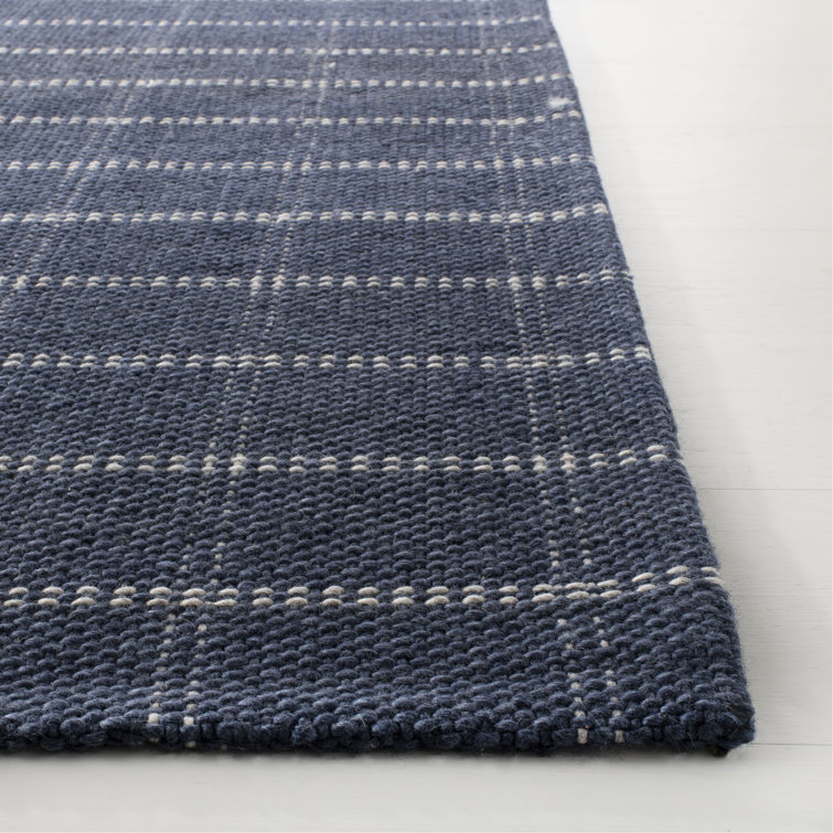Tamworth Check Navy Blue Hand-Woven Wool-Viscose Runner Rug, 2'6" x 8'