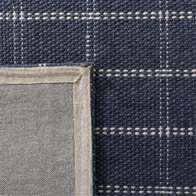 Tamworth Check Navy Blue Hand-Woven Wool-Viscose Runner Rug, 2'6" x 8'
