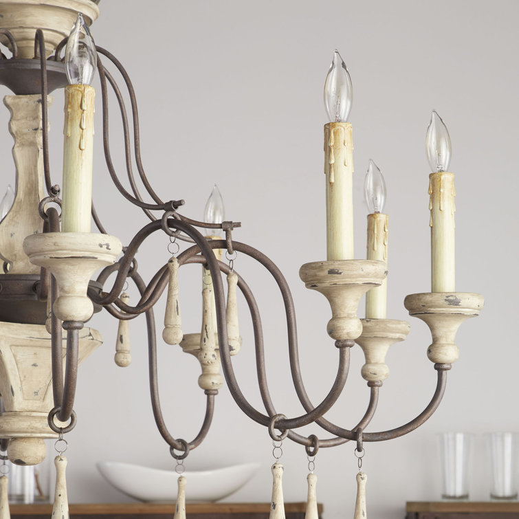 Antique Bronze and Distressed White 10-Light Candle Chandelier