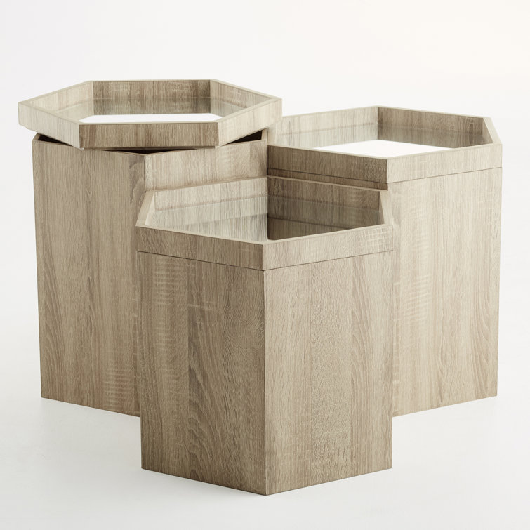 Contemporary Hexagonal Wood & Glass Honeycomb Mirrored Table