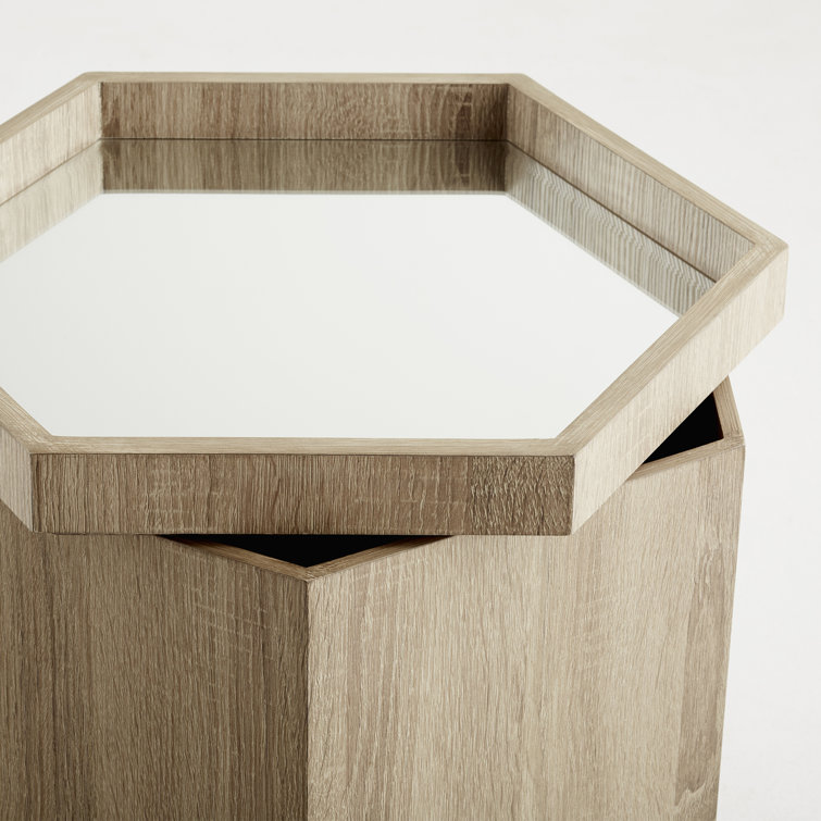 Contemporary Honeycomb Oak & Glass Hexagonal End Table, 18.25"