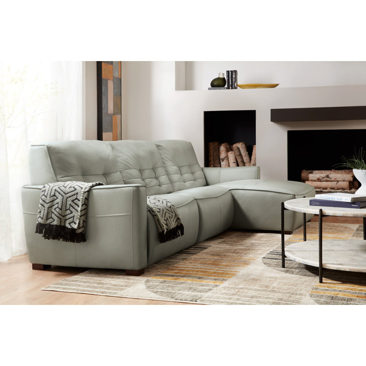 Dove Grey Leather Reclining Sectional Sofa with Chaise