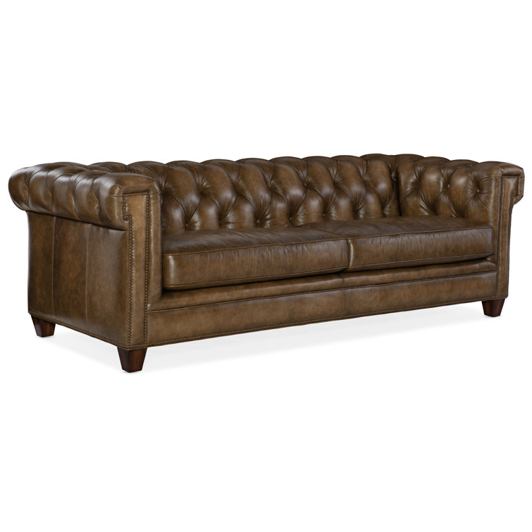 Brown Tufted Leather Chesterfield Sofa with Nailhead Trim