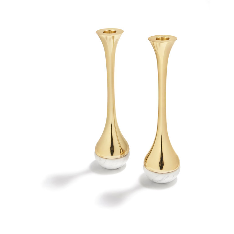 Carrara Marble and Brass Dual Taper Candlesticks Set