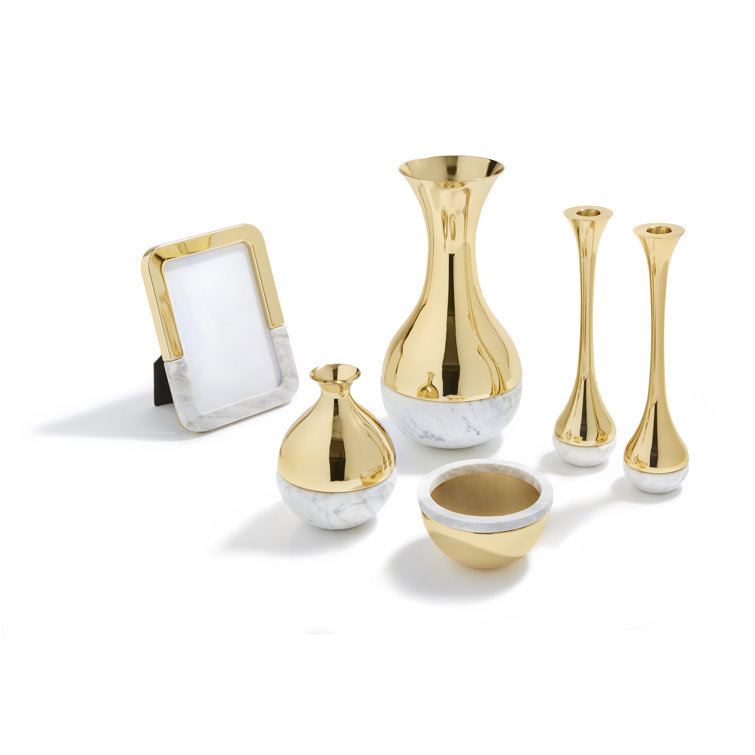 Carrara Marble and Brass Dual Taper Candlesticks Set