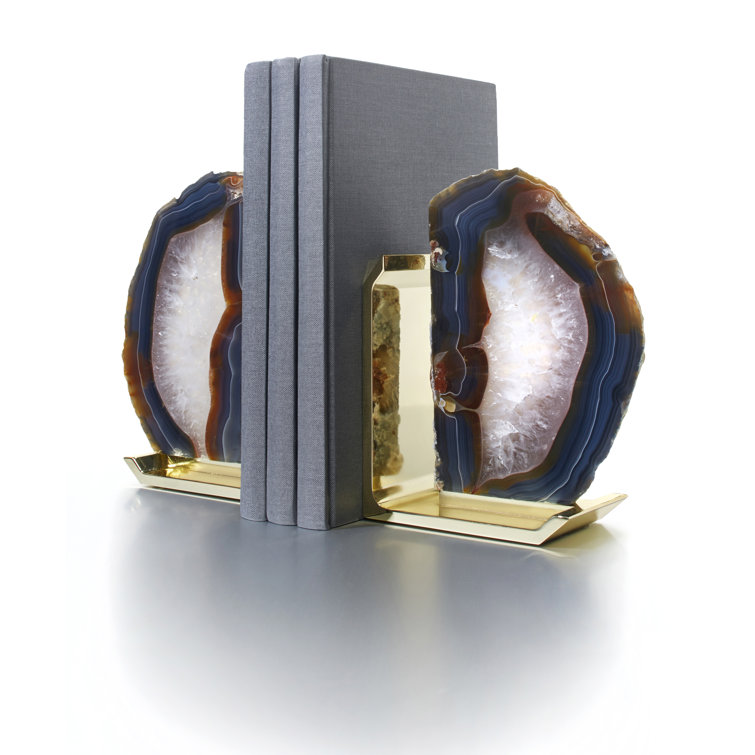 Natural Agate and Brass Geode Bookends