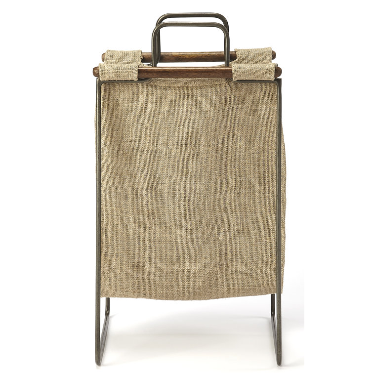 Beige Burlap and Iron Magazine Basket with Handles
