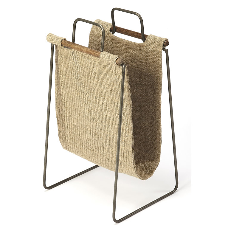 Beige Burlap and Iron Magazine Basket with Handles