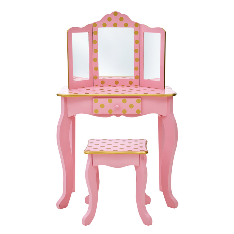 Pink and Gold Polka Dot Kids Vanity Set with Bench