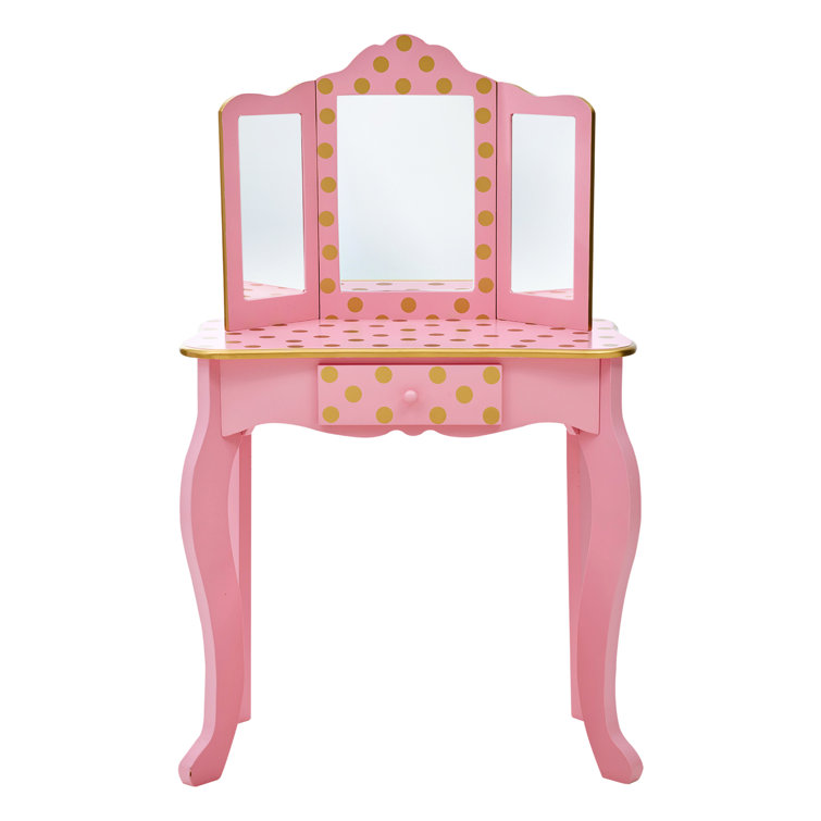 Pink and Gold Polka Dot Kids Vanity Set with Bench