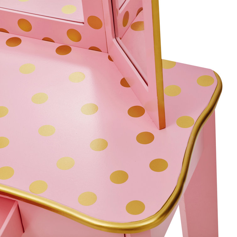 Pink and Gold Polka Dot Kids Vanity Set with Bench
