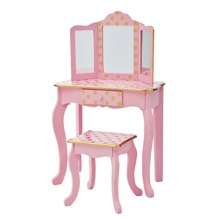 Pink and Gold Polka Dot Kids Vanity Set with Bench