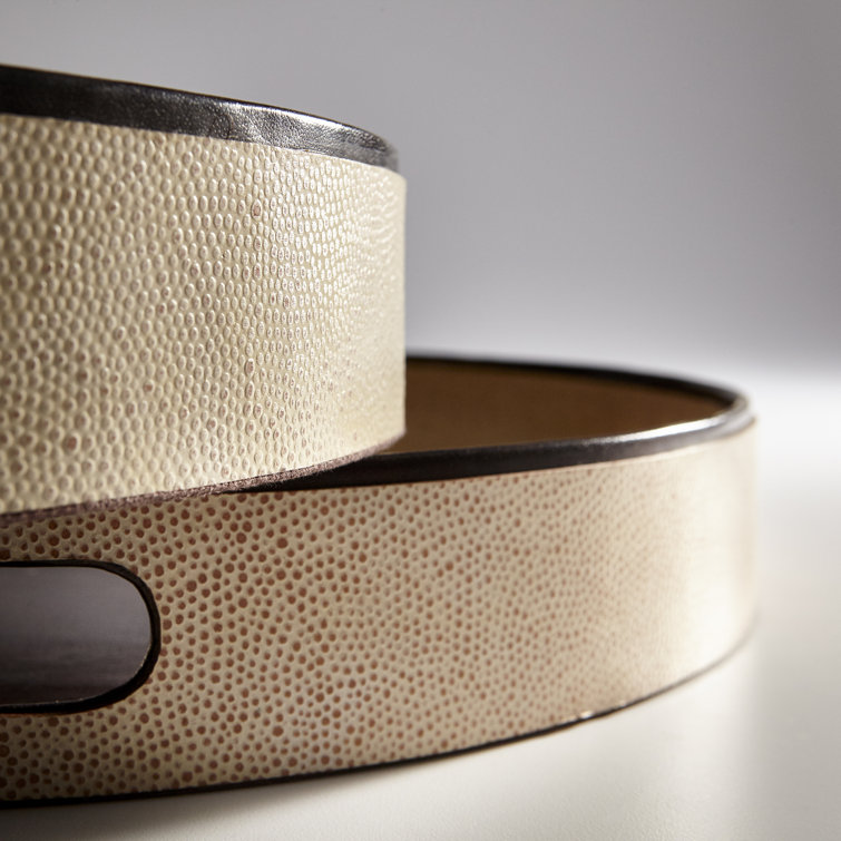 Beige and Brown Round Wood Leather Tray